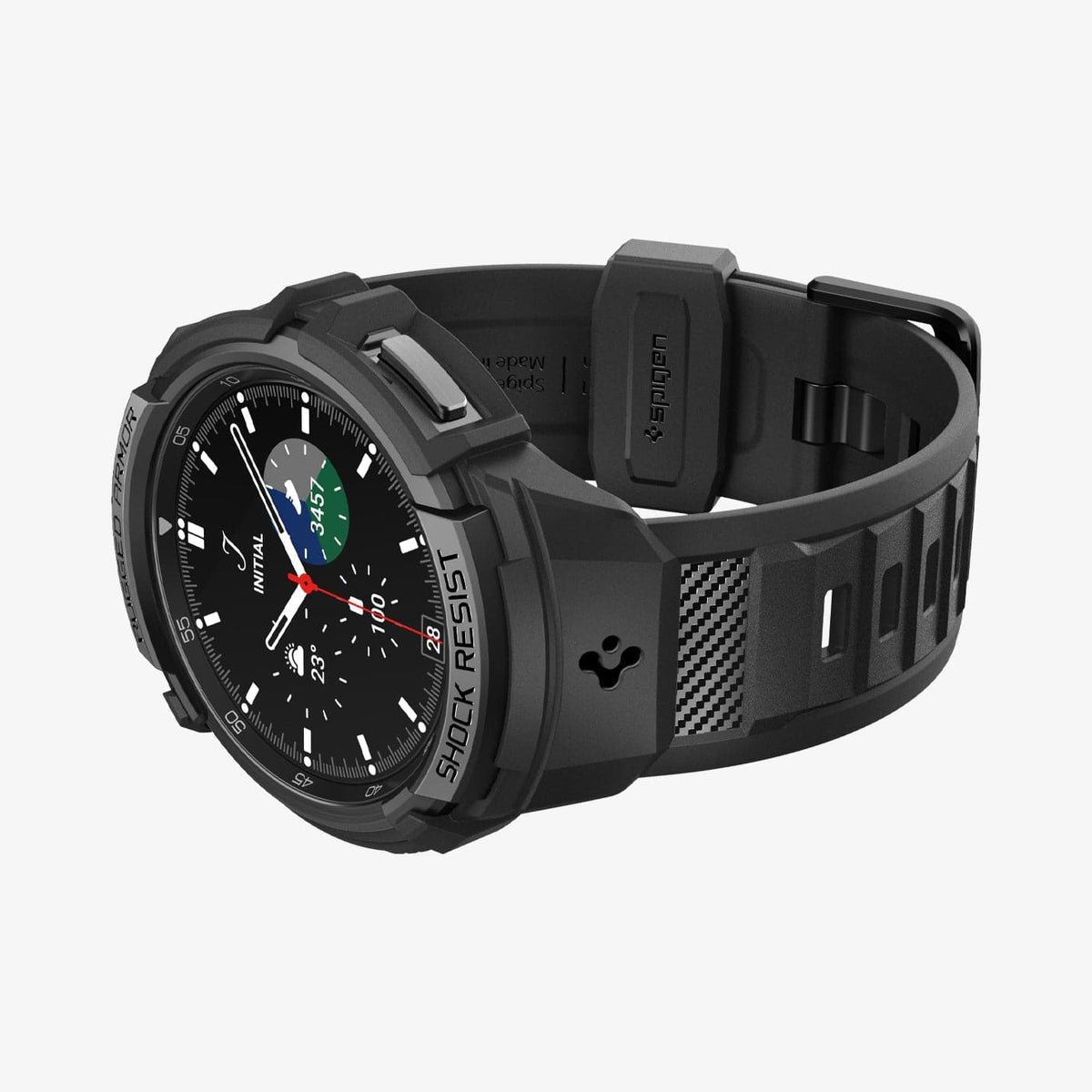 ACS06492 - Watch 6 Classic (43mm) Rugged Armor Pro in Black showing the front and bottom with watch laid on its side