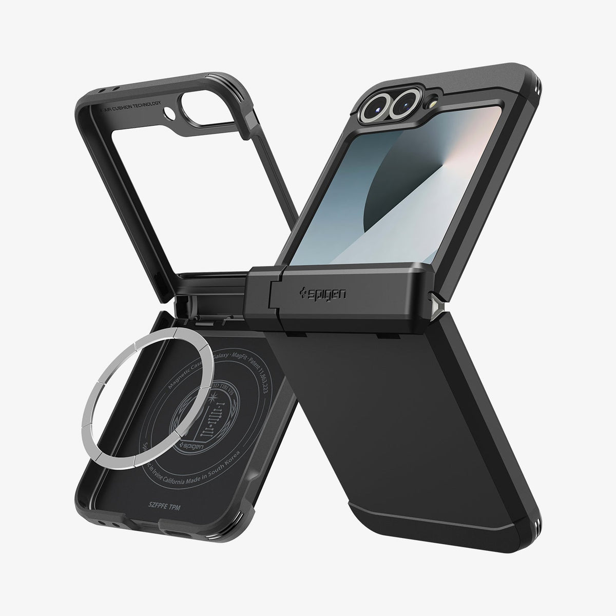 ACS09807 - Galaxy Z Flip 6 Series Tough Armor Pro (MagFit) in black showing the back, side and inside of two devices