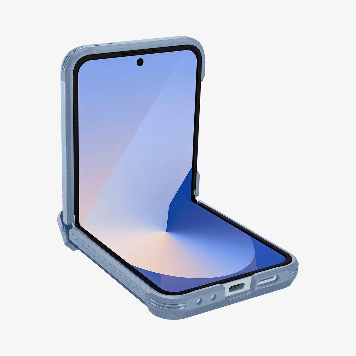 ACS09808 - Galaxy Z Flip 6 Series Tough Armor Pro (MagFit) in Sierra Blue showing the front, side and bottom with device half open