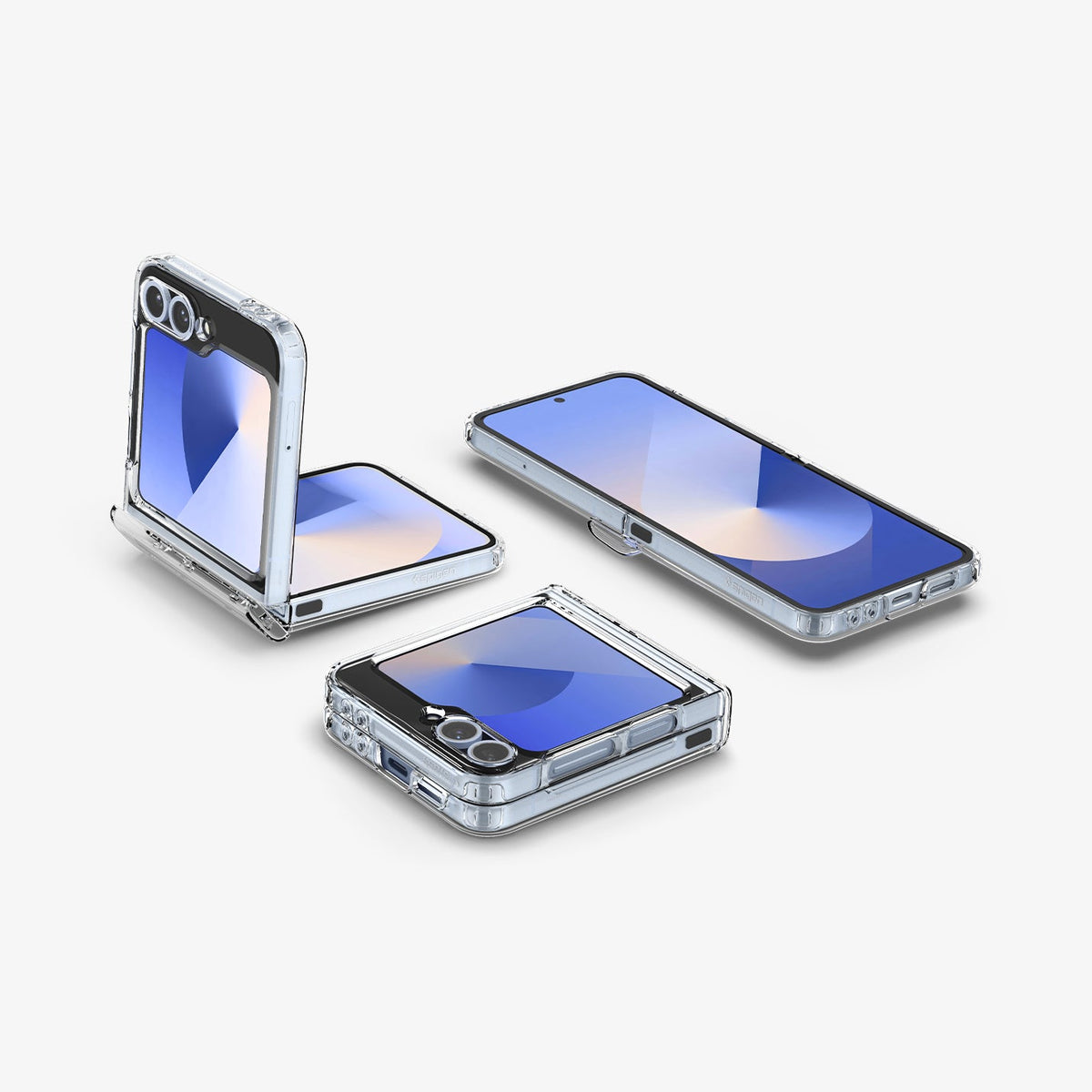 ACS09806 - Galaxy Z Flip 7 FE Series Ultra Hybrid Pro (MagFit) showing the back half folded, back folded, front full open and partial sides of 3 devices