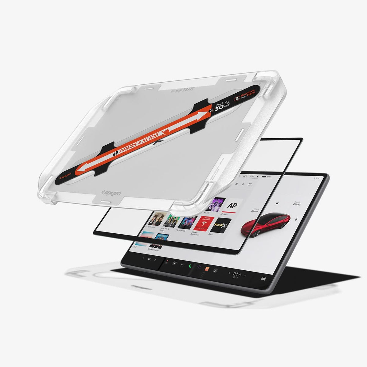 AGL10654 - Tesla Series - Screen Protector GLAS.tR EZ Fit 15.4 showing the installation tray hovering above the screen protector and the vehicle monitor screen