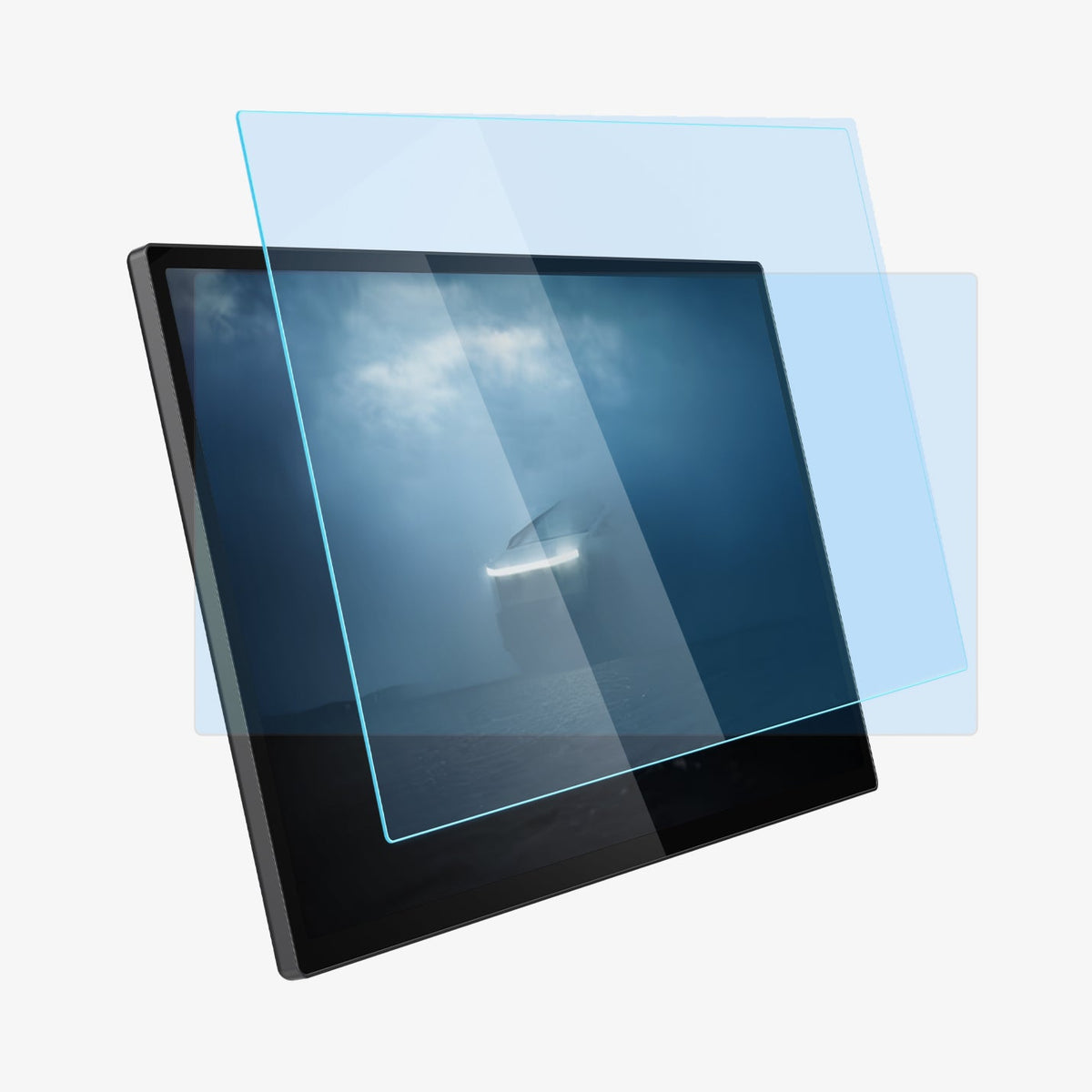 AGL07679 - Tesla Cybertruck (2024-2026) Protector GLAS.tR EZ Fit Anti-Glare in Clear Matte showing the front and side of the screen protector hovering in front of the device