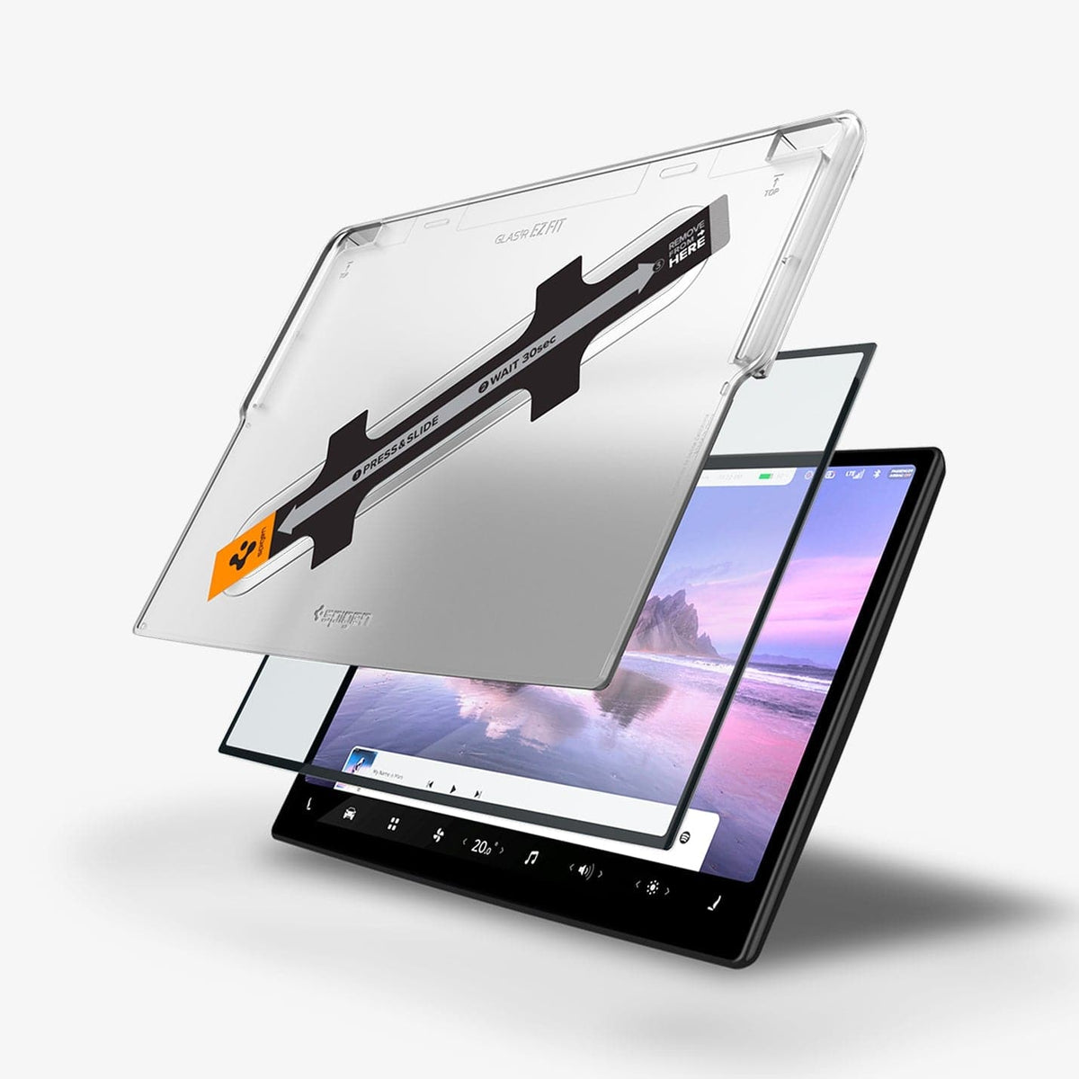 AGL04688 - Tesla Model S / X Screen Protector EZ FIT GLAS.tR showing the ez fit tray, screen protector and touch screen display with screen on