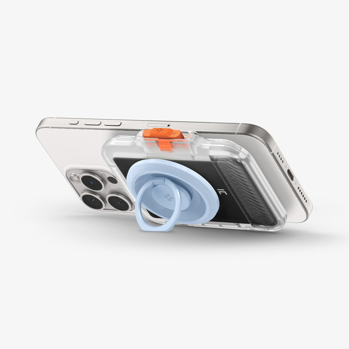AFA07557 - MagSafe Card Holder Tintap (MagFit) in Frost Clear showing the back, partial side with propped up kickstand from the magring attached from the back of the card holder