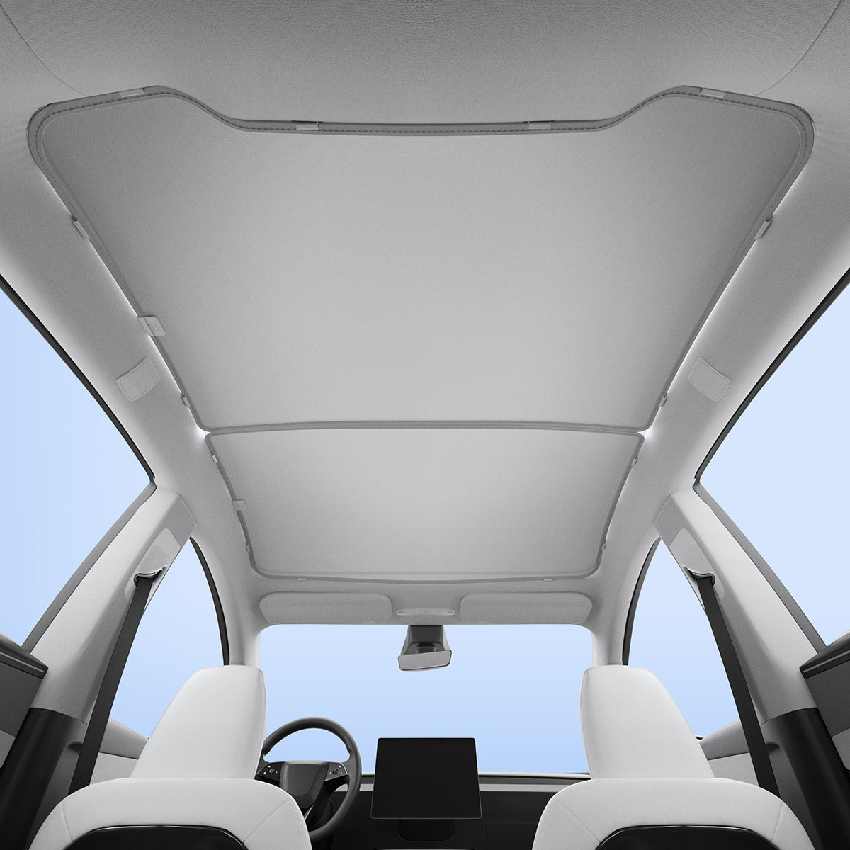 ACP09568 - Model Y (2025) CryoShade Sunroof in Gray showing the roof of the tesla with the shade