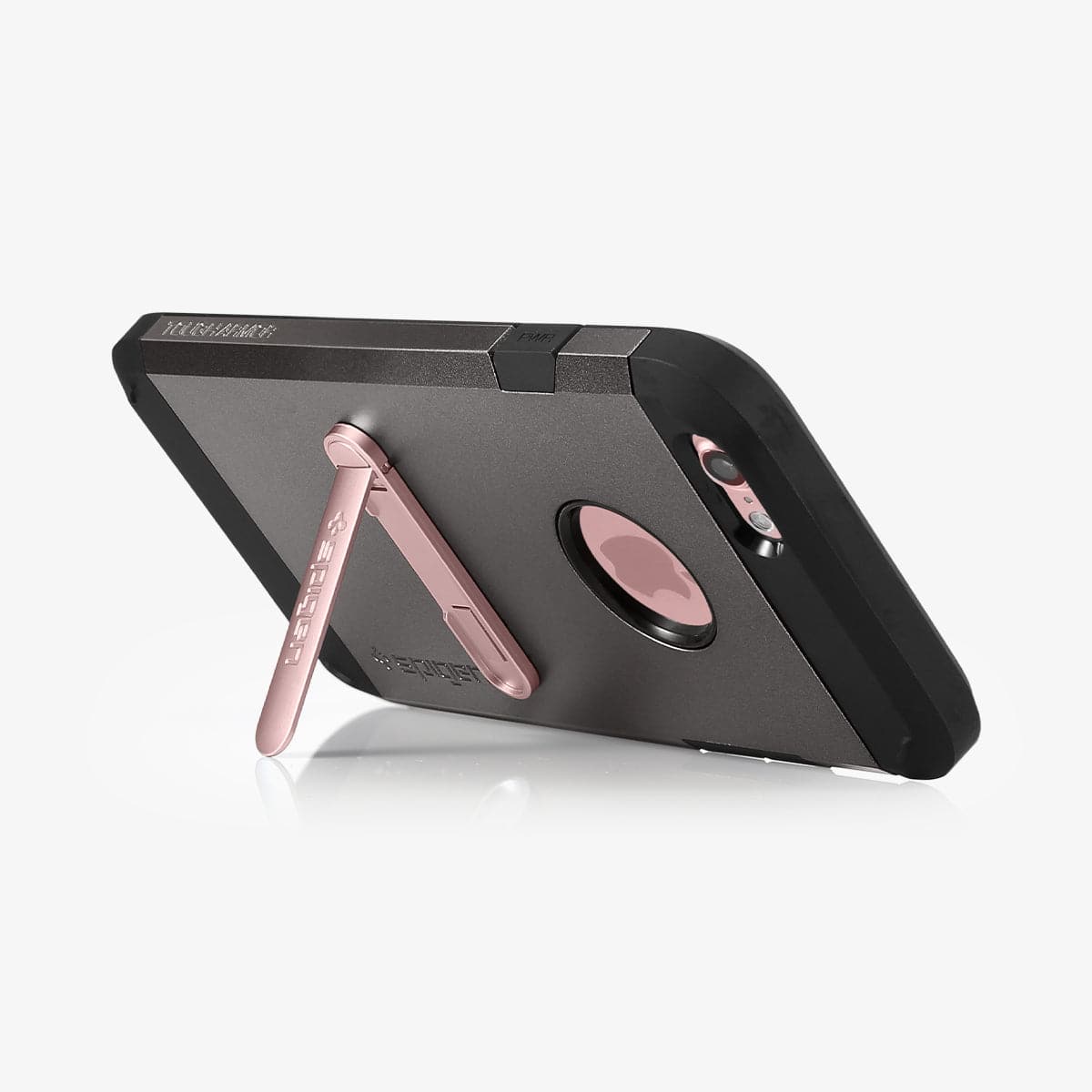 000EM21073 - U100 Universal Kickstand (Metal) in rose gold showing the phone propped up by kickstand attached to back of device