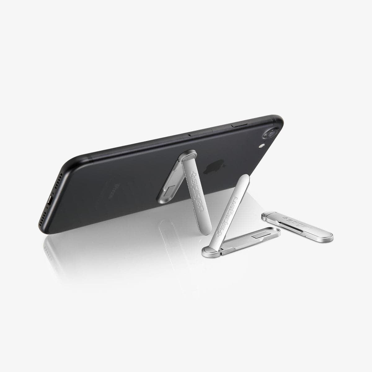 000EM20634 - U100 Universal Kickstand (Metal) in silver showing the phone propped up by kickstand attached