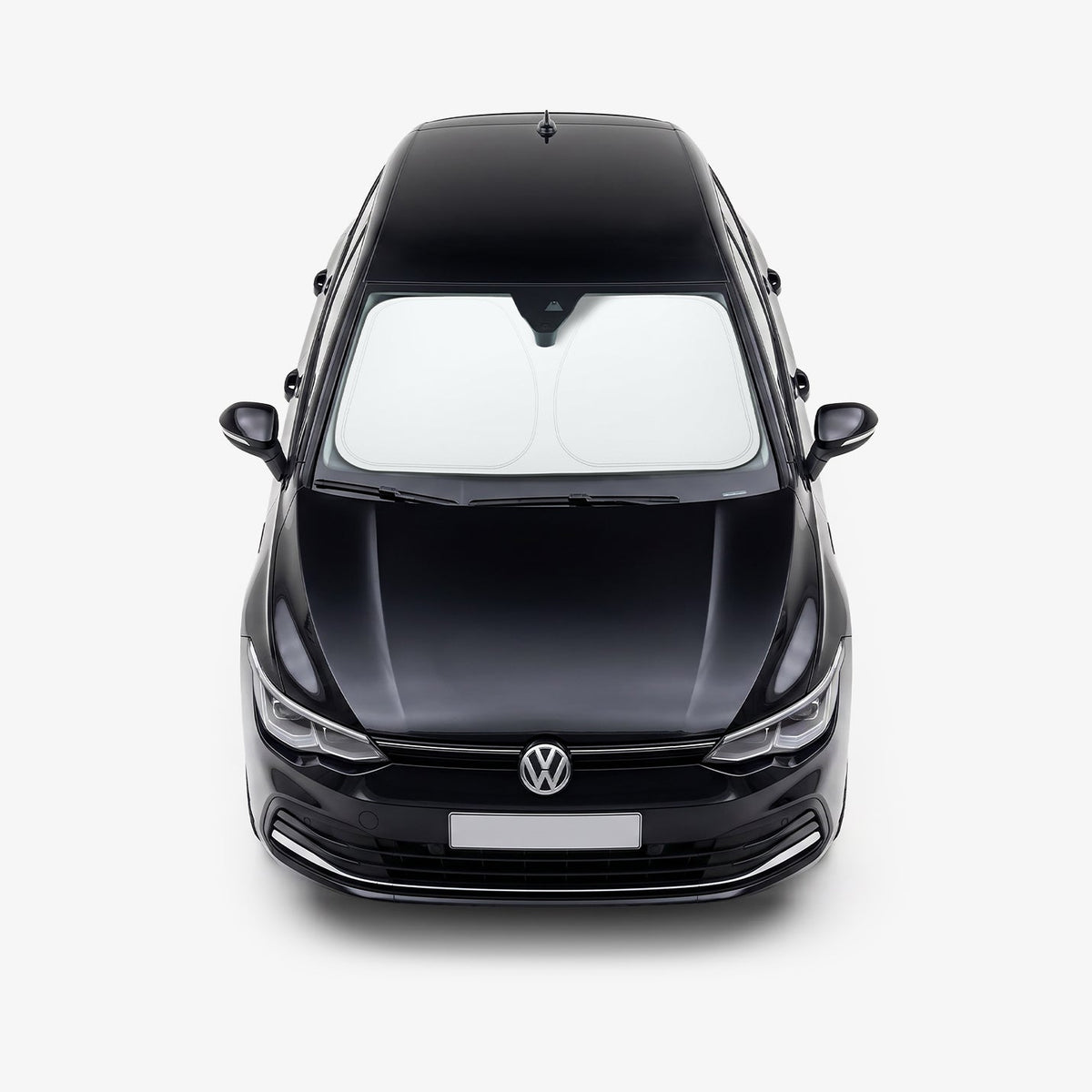 ACP11459 - Universal CryoShade UO260 S showing sunshade installed inside windshield of black volkswagen sedan viewed from front exterior