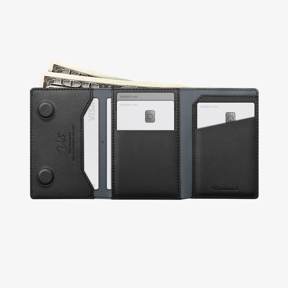 AFA09133 - MagSafe Card Holder Valentinus S (MagFit) in Black showing the inner with cards and paper bills inserted