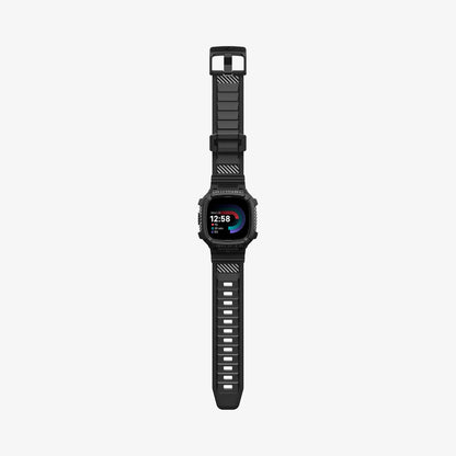 ACS05296 - Fitbit Versa 4 Band Rugged Armor Pro in black showing the front with watch band laid out flat