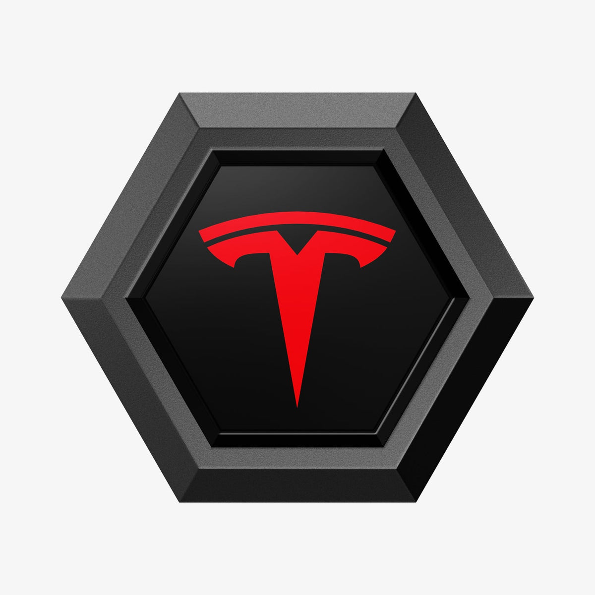 ACP11371 - Universal Tire Valve Stem Cap | VS100TS/R in Red showing a close-up of the black hexagonal cap top with glossy inlay and bold red Tesla logo.