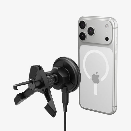 ACP10513 - Spigen Essential Qi2 Wireless Car Charger mounted on air vent holding iPhone with MagSafe alignment