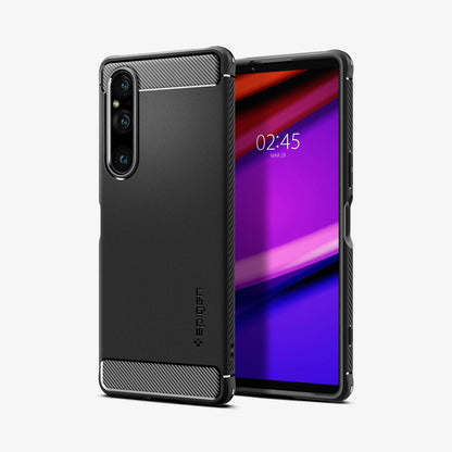 ACS06204 - Sony Xperia 1V Case Rugged Armor in matte black showing the back and front