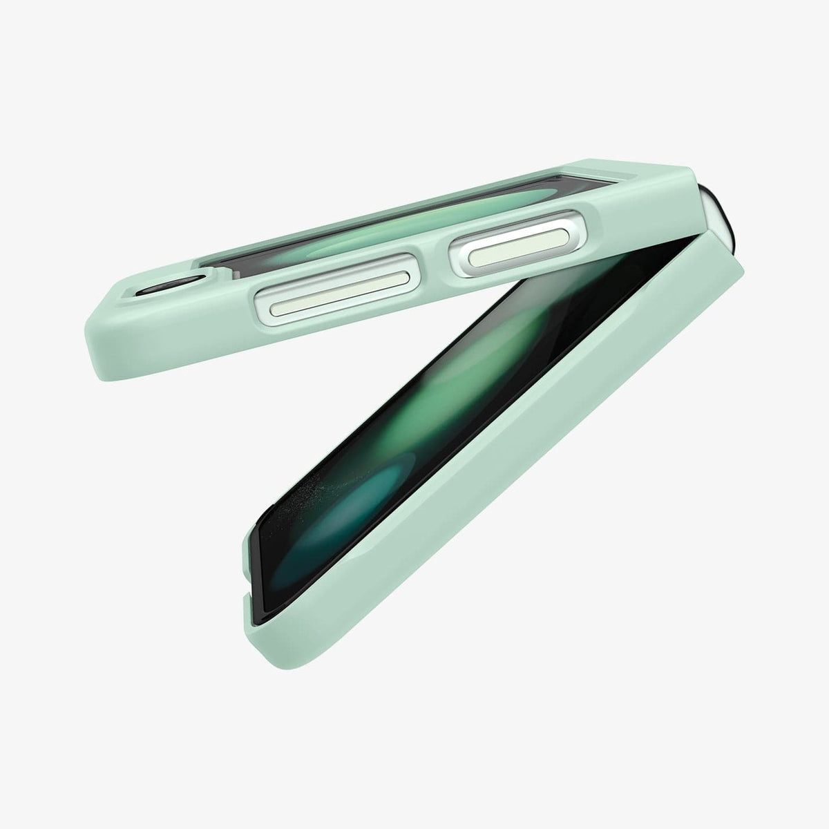 ACS06871 - Galaxy Z Flip 5 Case Air Skin in apple mint showing the side and partial inside with device slightly open
