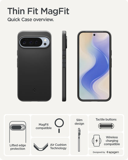 ACS09722 - Pixel 10 Pro XL Thin Fit (MagFit) in black showing the quick case overview. Lifted edge protection, MagFit compatible, Aircushion technology, slim design, tactile buttons and wireless charging compatible
