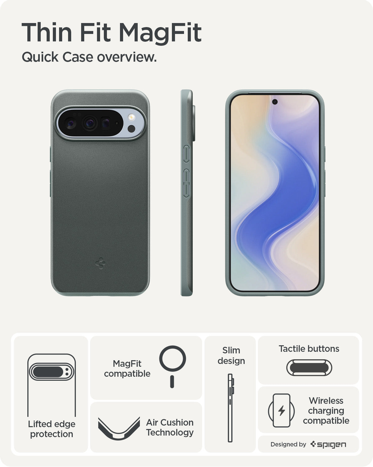 ACS09724 - Pixel 10 Pro XL Thin Fit (MagFit) in Sage Green showing the quick case overview. Lifted edge protection, MagFit compatible, Aircushion technology, slim design, tactile buttons and wireless charging compatible
