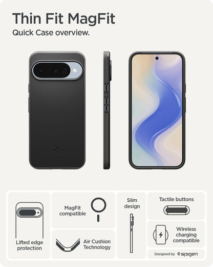ACS09699 - Pixel 10, Pixel 10 Pro Thin Fit (MagFit) in Metal Slate showing the quick case overview. Lifted edge protection, MagFit compatible, Aircushion technology, slim design, tactile buttons and wireless charging compatible