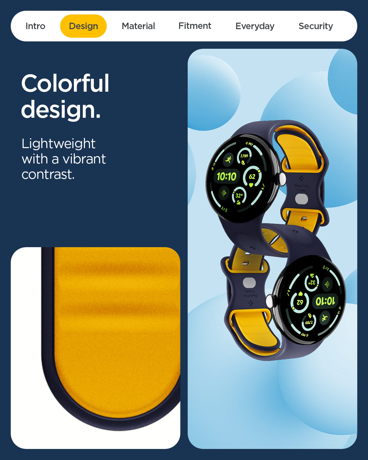 AMP09490 - Pixel Watch 5 (45mm) Nano Pop Blueberry Navy showing the colorful design. Lightweight with a vibrant contrast