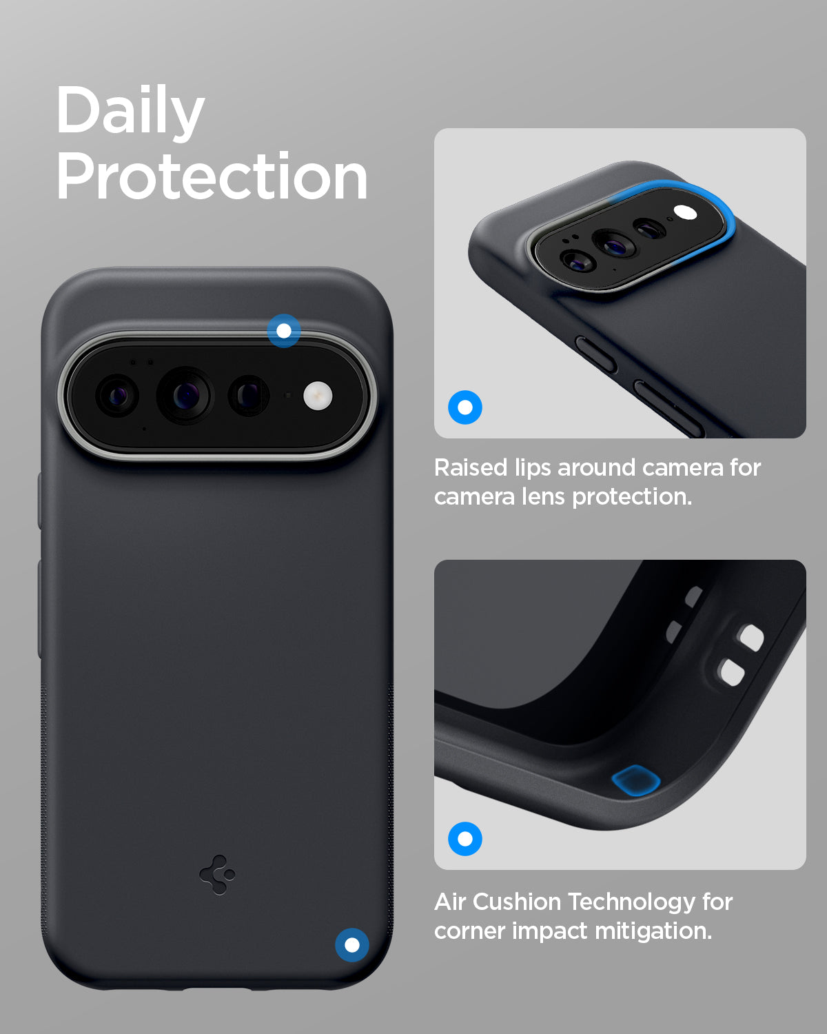 ACS11455 - Pixel 11 Pro XL Nano Pop (Mag Fit) Black Sesame close up highlighting the raised camera surround and Air Cushion Technology around the corners.