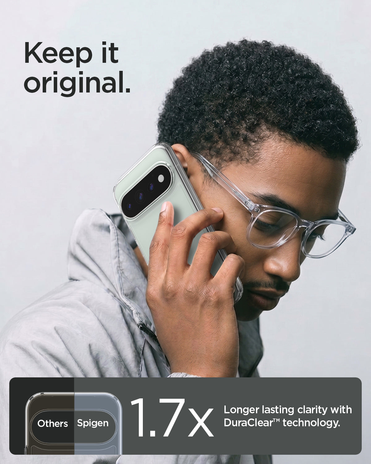 ACS11450 - Pixel 11 Pro XL Ultra Hybrid Crystal Clear Person holding Pixel 11 Pro XL in the crystal clear case highlighting DuraClear technology that helps maintain lasting clarity.