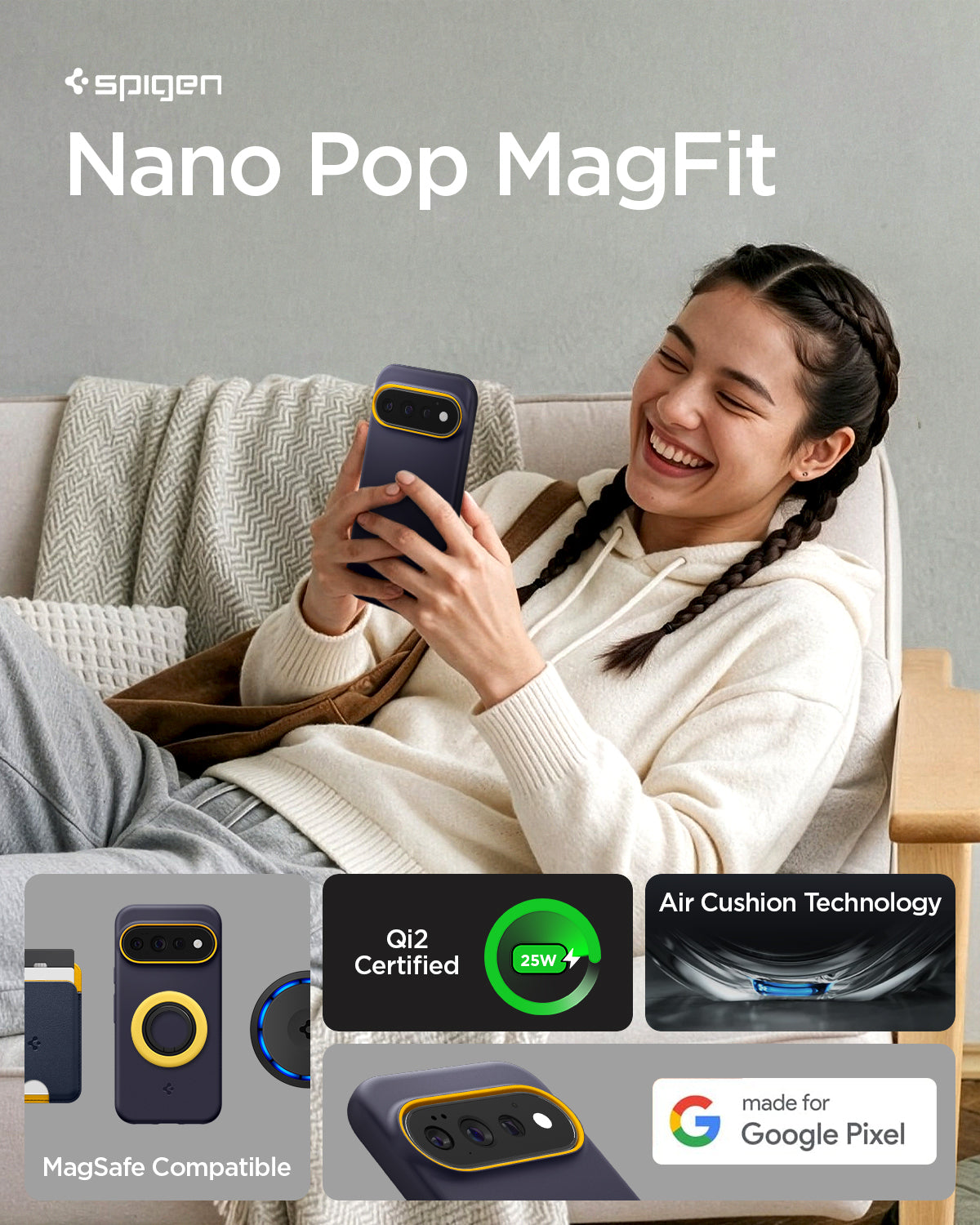 ACS11434 - Pixel 11 Pro Nano Pop (Mag Fit) Blueberry Navy person holding the Nano Pop MagFit case demonstrating magnetic compatibility, Qi2 certified charging, and everyday use.
