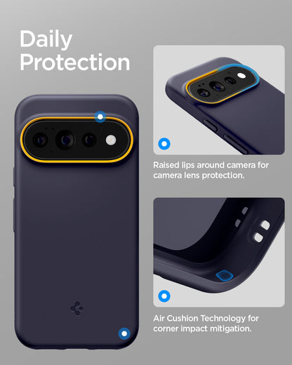 ACS11434 - Pixel 11 Pro Nano Pop (Mag Fit) Blueberry Navy close up highlighting the raised camera surround and Air Cushion Technology around the corners.
