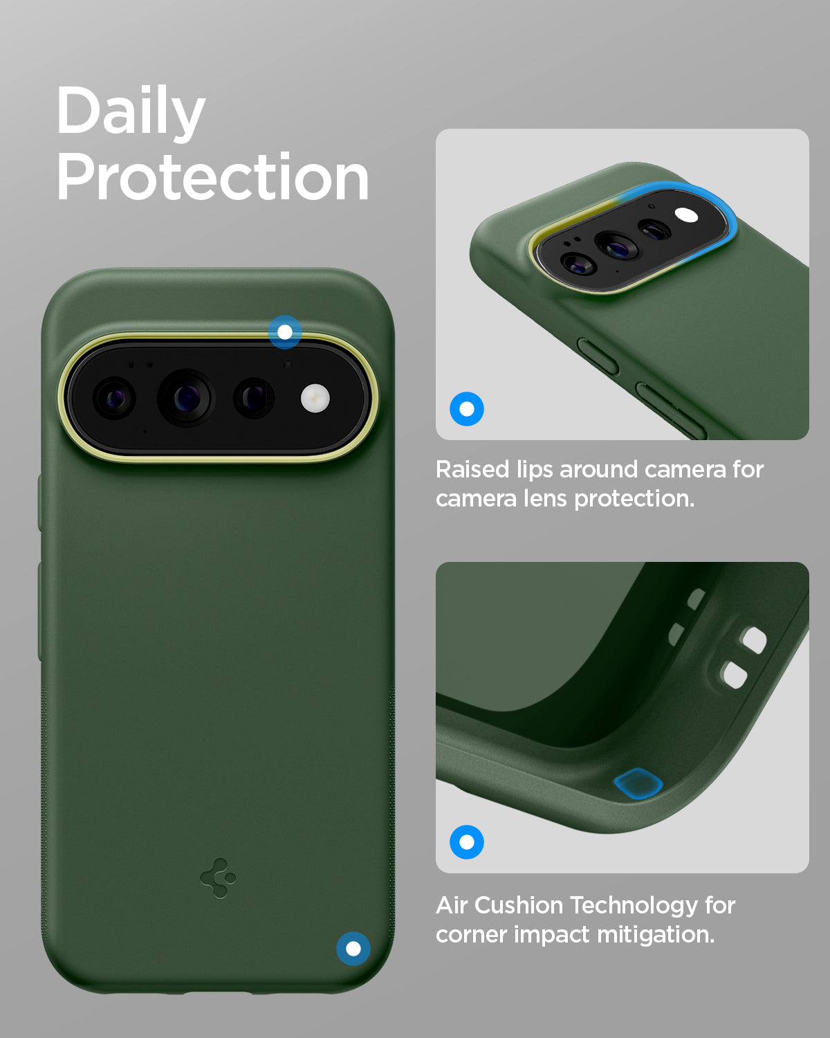 ACS11436 - Pixel 11 Pro Nano Pop (Mag Fit) Avo Green close up highlighting the raised camera surround and Air Cushion Technology around the corners.