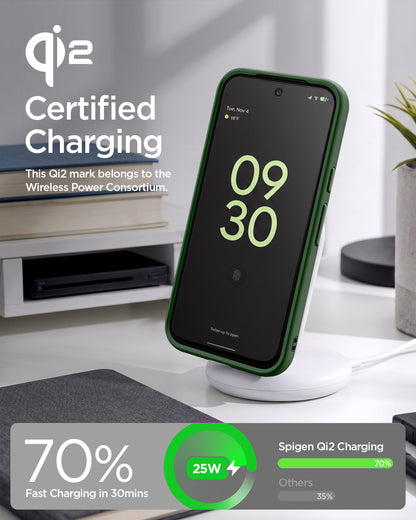 ACS11436 - Pixel 11 Pro Nano Pop (Mag Fit) Avo Green charging on a wireless charger with the Qi2 certified case installed.