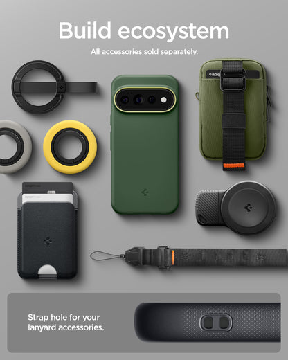 ACS11436 - Pixel 11 Pro Nano Pop (Mag Fit) Avo Green case shown with compatible magnetic accessories including a wallet, charger, ring grip, pouch, and lanyard.