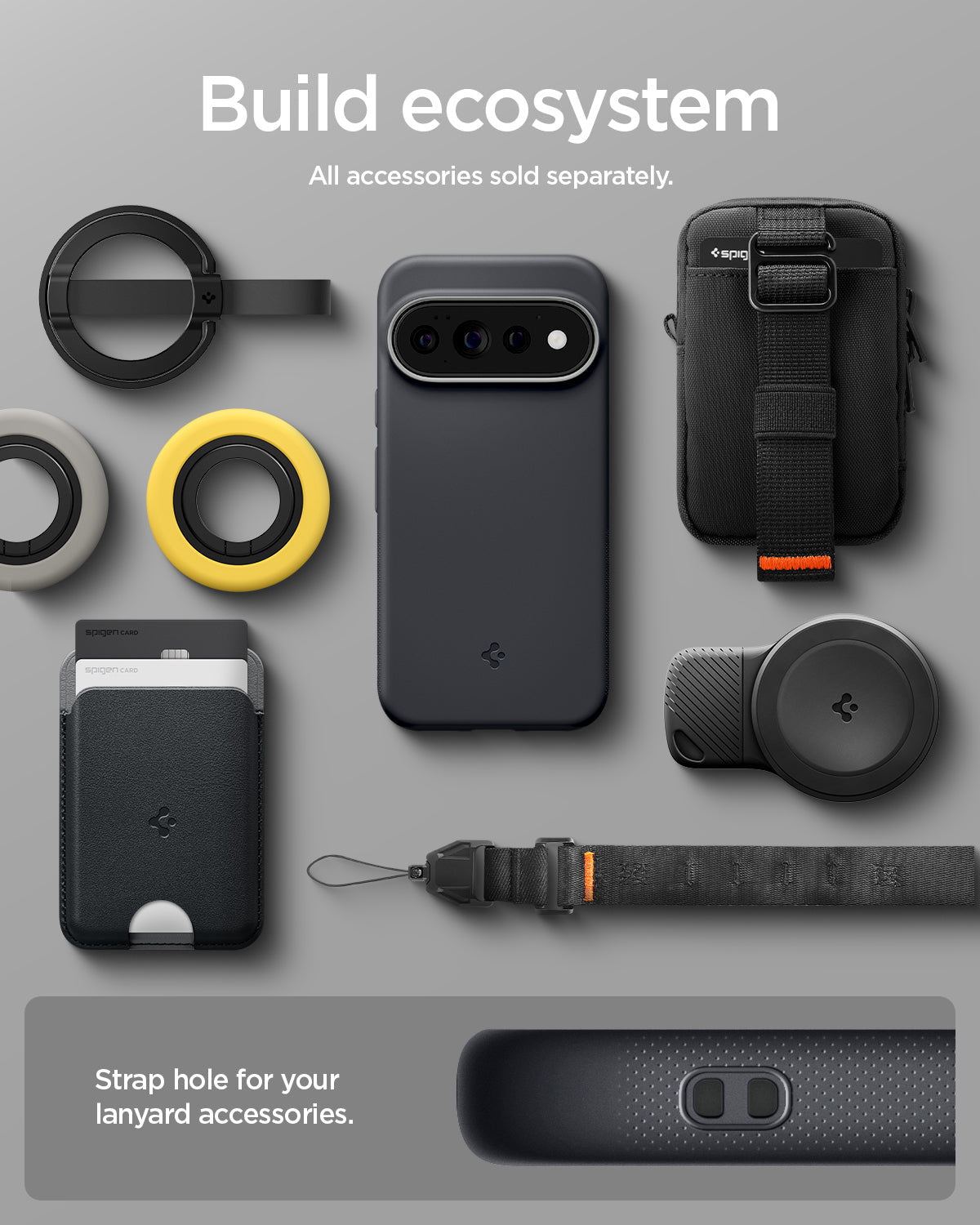 ACS11435 - Pixel 11 Pro Nano Pop (Mag Fit) Black Sesame case shown with compatible magnetic accessories including a wallet, charger, ring grip, pouch, and lanyard.