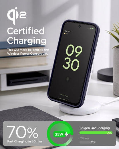 ACS11444 - Pixel 11 Nano Pop (Mag Fit) Blueberry Navy charging on a wireless charger with the Qi2 certified case installed.
