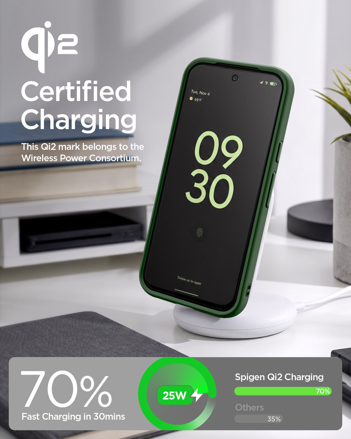 ACS11446 - Pixel 11 Nano Pop (Mag Fit) Avo Green charging on a wireless charger with the Qi2 certified case installed.