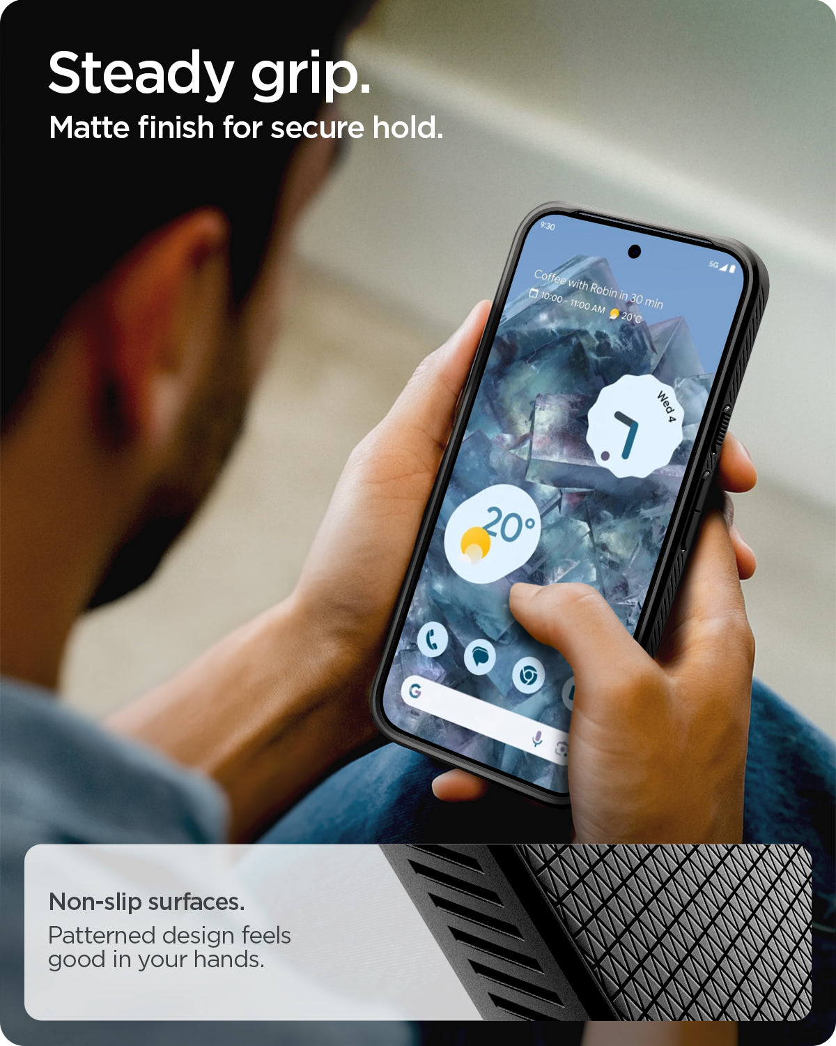 ACS09718 - Pixel 10 Pro XL Case Liquid Air (MagFit) in matte black showing the steady grip. Matte finish for secure hold. Non-slip surfaces. Patterned design feels good in your hands.