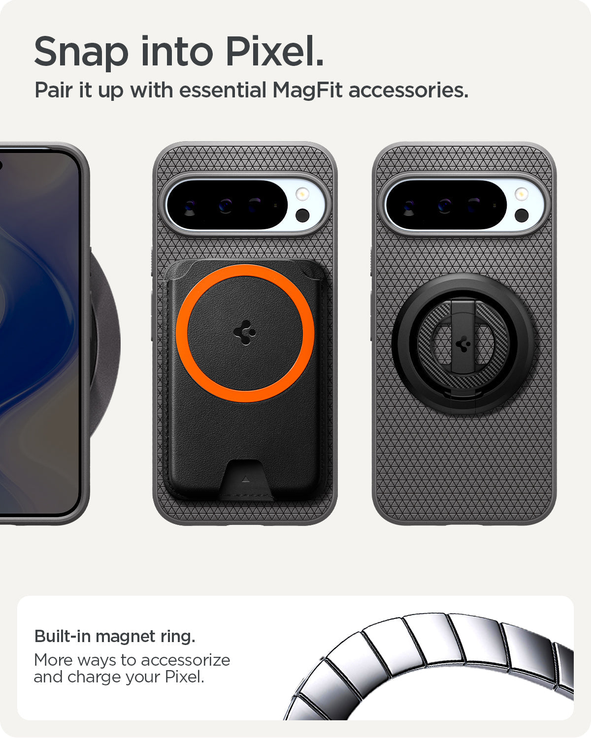 ACS09720 - Pixel 10 Pro XL Case Liquid Air (MagFit) in marble gray showing the built in magnet ring. More ways to accessorize and charge your pixel. Snap into Pixel. Pair it up with essential MagFit accessories.