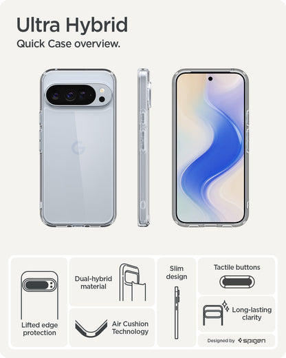 ACS09738 - Pixel 10 Pro XL Case Ultra Hybrid in crystal clear showing the quick case overview. Lifted edge protection, tactile buttons, slim design, air cushion technology