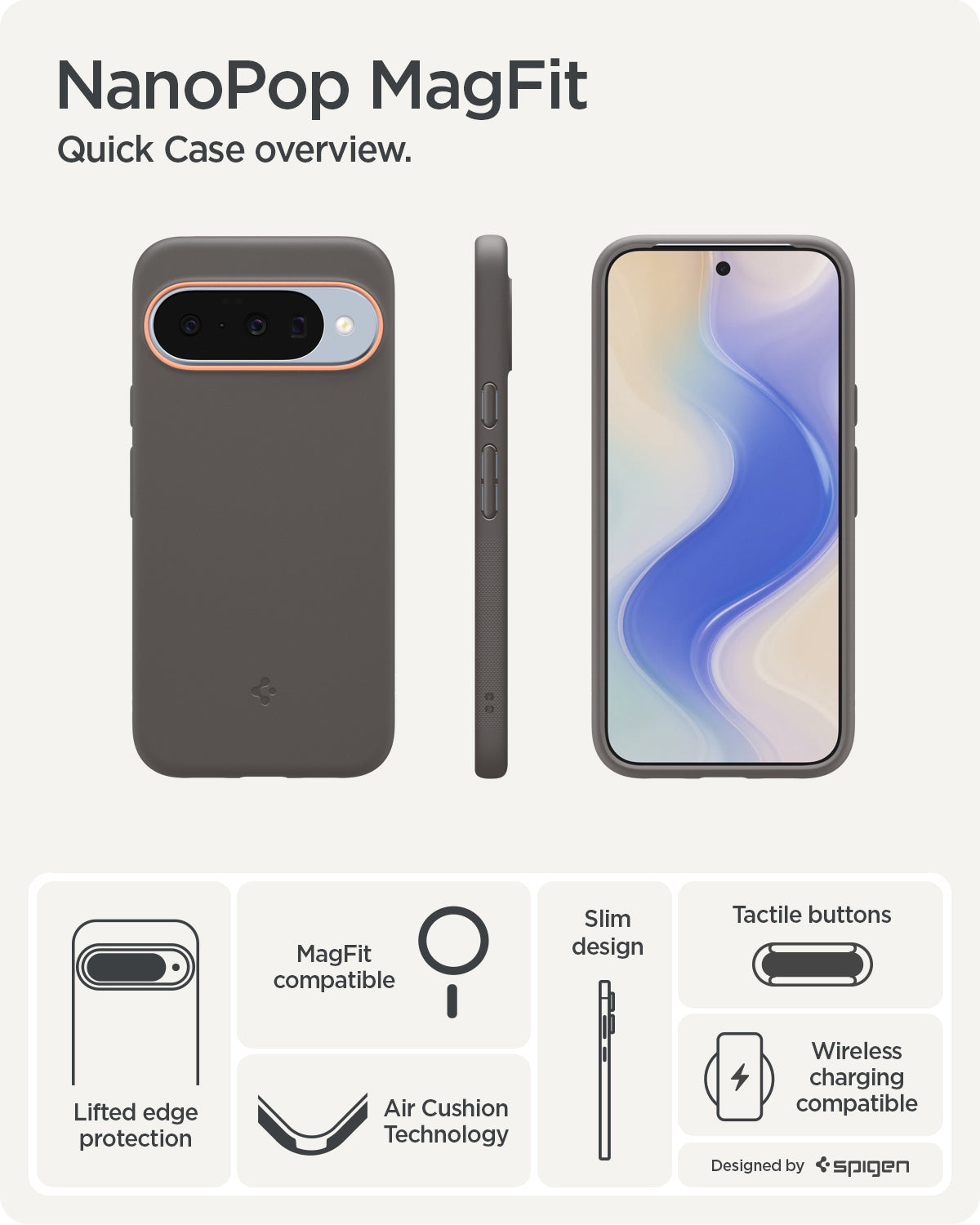 ACS09712 - Pixel 10 Pixel 10 Pro Case Nano Pop (MagFit) in Papaya Gray showing the quick case overview. Lifted edge protection, MagFit compatible, AirCushion technology, slim design, tactile buttons and wireless charging compatible.