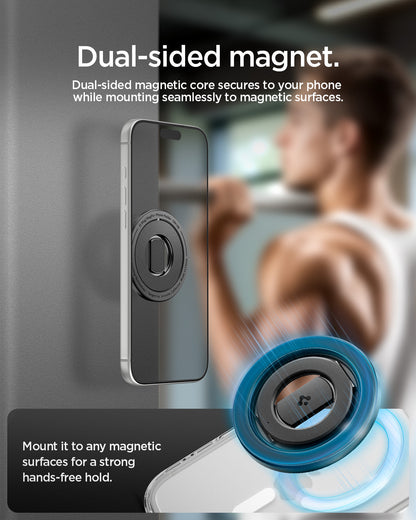 AMP11739 - O-Mag Magnetic Phone Holder (Mag Fit+) | OM108 dual sided magnet graphic showing the holder mounted on a pull up bar surface