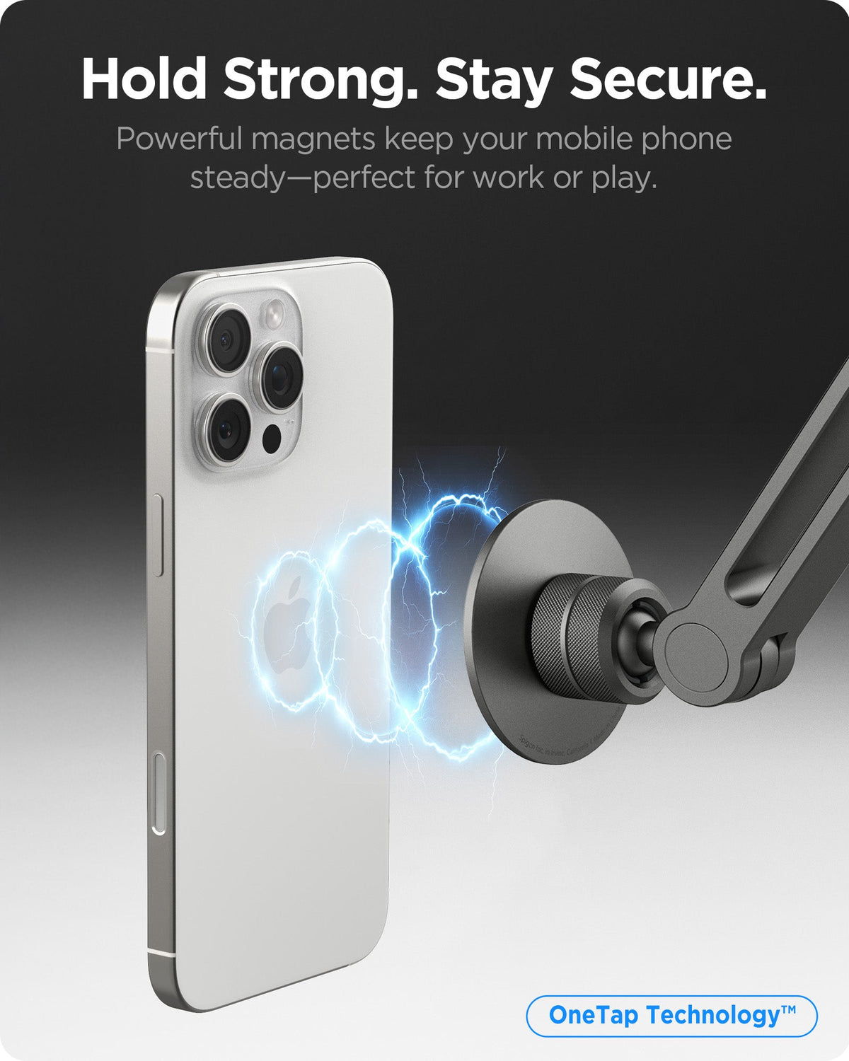 AMP09694 - Phone OneTap Clamp (MagFit) in Space Gray showing hold strong. stay secure