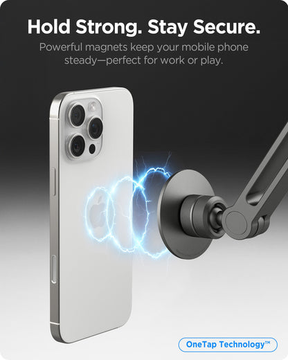 AMP09694 - Phone OneTap Clamp (MagFit) in Space Gray showing hold strong. stay secure