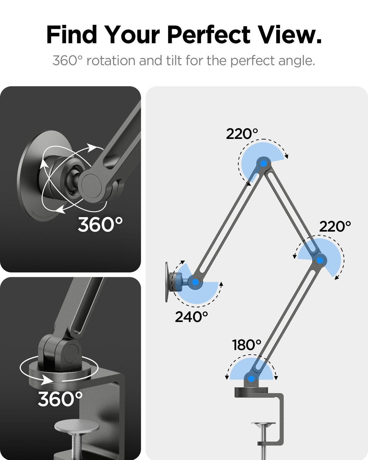 AMP09694 - Phone OneTap Clamp (MagFit) in Space Gray showing find your perfect view