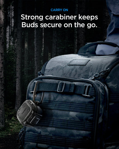 ACS11202 - Galaxy Buds 4 Series - Lock Fit in Matte Black showing carry on. strong carabiner keeps buds secure on the go