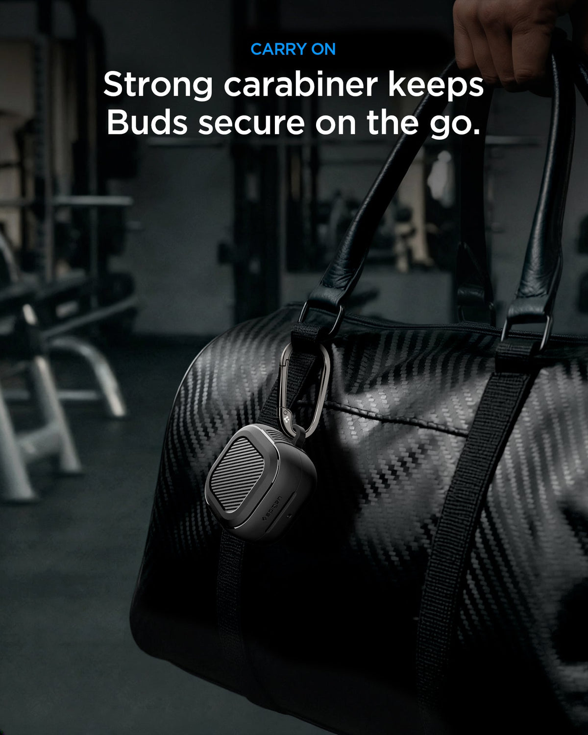 ACS11200 - Galaxy Buds 4 Series Rugged Armor in Matte Black showing carry on. Strong carabiner keeps buds secure on the go