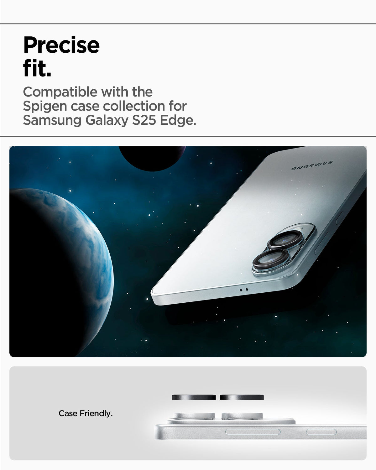 AGL09412 - Galaxy S25 Edge Optik EZ Fit Lens Pro Protector in Black showing the precise fit. Compatible with the Spigen case collection for Samsung Galaxy S25 Edge