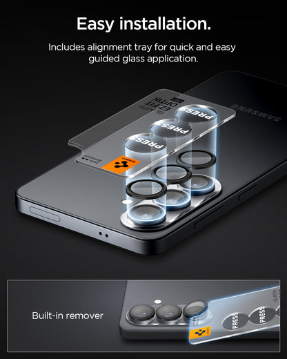 AGL11094 - Galaxy S26 Optik EZ Fit Lens Pro Protector showing the easy to install. Includes alignment tray for quick and easy guided glass application