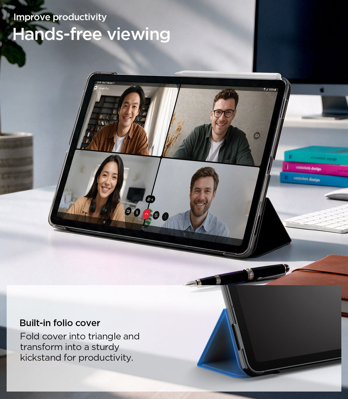 ACS11828 - Galaxy Tab S12+ Liquid Air Folio showing a tablet supported hands-free by the folded folio cover in a triangular stand.