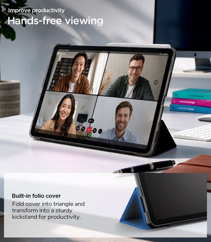 ACS11828 - Galaxy Tab S12+ Liquid Air Folio showing a tablet supported hands-free by the folded folio cover in a triangular stand.