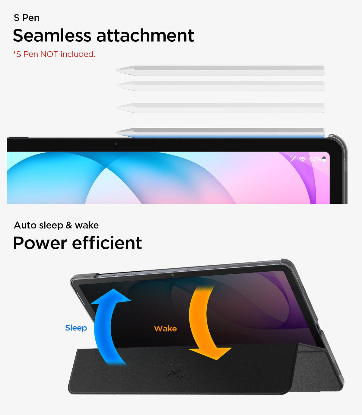 ACS11828 - Galaxy Tab S12+ Liquid Air Folio showing stylus attachment along the tablet edge and the folio cover opening and closing for sleep and wake functions.
