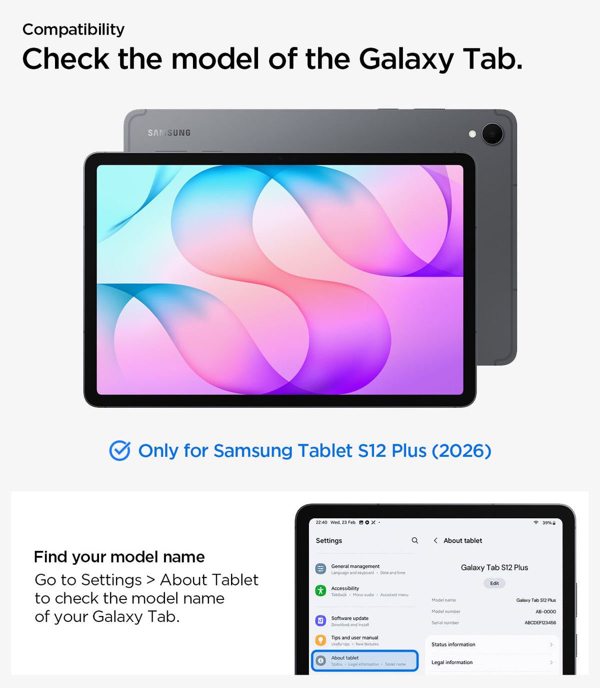ACS11827 - Galaxy Tab S12+ Tough Armor Pro showing Galaxy Tab S12 Plus (2026) compatibility and instructions for checking the tablet model in Settings.