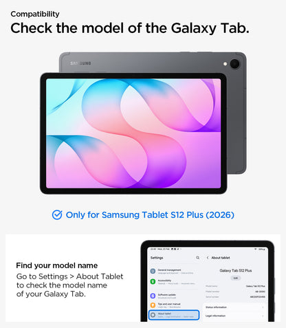 ACS11827 - Galaxy Tab S12+ Tough Armor Pro showing Galaxy Tab S12 Plus (2026) compatibility and instructions for checking the tablet model in Settings.