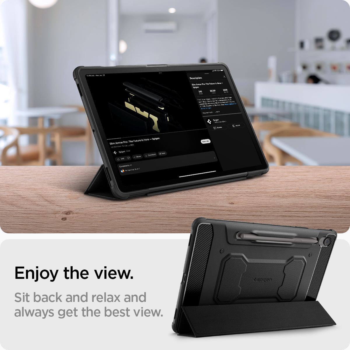 ACS09381 - Galaxy Tab S10 FE+ Case Rugged Armor Pro in Matte Black showing always getting the best view. Just sit back and relax